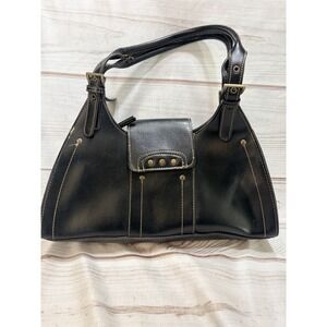 Vintage Y2K Emilie M Black Faux Leather Shoulder Bag Satchel Buckle Studded
